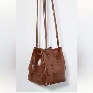 Anthropologie Brown Woven Faux Leather Bucket Bag